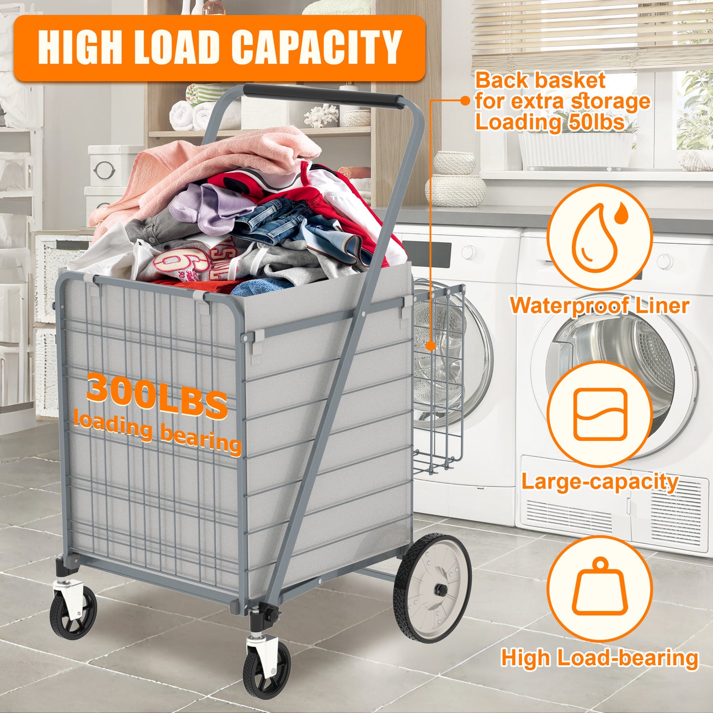 Bigger Super Jumbo Shopping Cart,Grocery Cart on Wheels, Foldable Utility Shopping Carts with Double Basket and 360° Rolling Swivel Wheels for Groceries Laundry,Grey--Does not support self-pick up