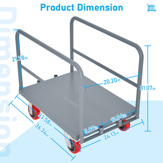 Steel Panel Truck, Heavy Duty Drywall Cart Lumber Cart Platform Truck Flat Cart, 2000lbs, 6" Swivel Brake Casters, with 1Front and 2 Side Handrails (35" x 23")