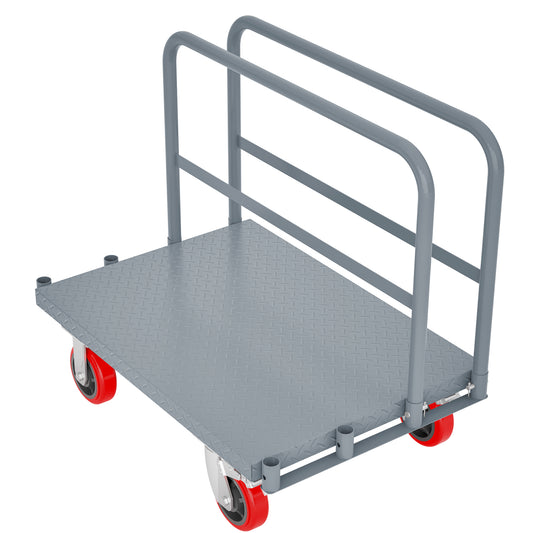 Steel Panel Truck, Heavy Duty Drywall Cart Lumber Cart Platform Truck Flat Cart, 2000lbs, 6" Swivel Brake Casters, with 1Front and 2 Side Handrails (35" x 23")