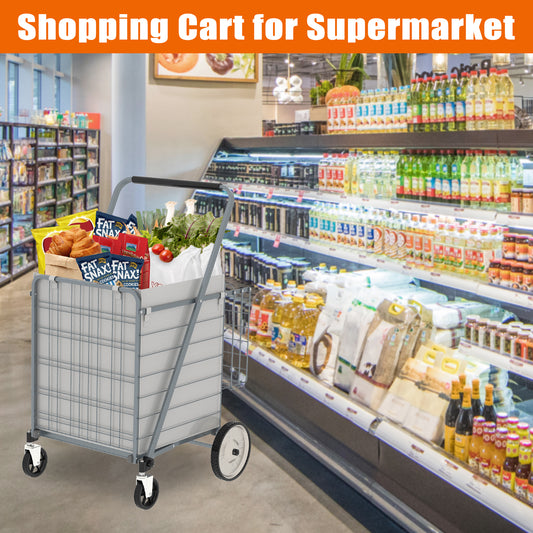 Bigger Super Jumbo Shopping Cart,Grocery Cart on Wheels, Foldable Utility Shopping Carts with Double Basket and 360° Rolling Swivel Wheels for Groceries Laundry,Grey--Does not support self-pick up